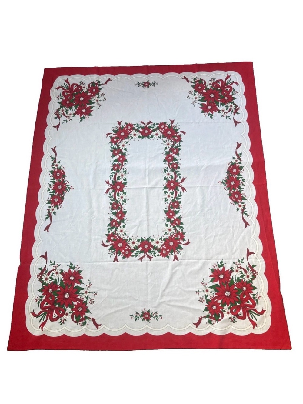 Holiday Poinsettia Tablecloth - Red and White 52x68 Rectangle
